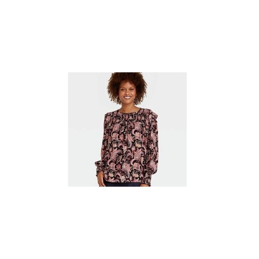 Knox Rose Smocked Boho Paisley Blouse - Black Print - Womens size Medium- NEW